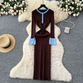 Frenchretrofashionablecontrast color round neck slit long sleevesknittingdress women's autum waist slimming look bottom long skirt