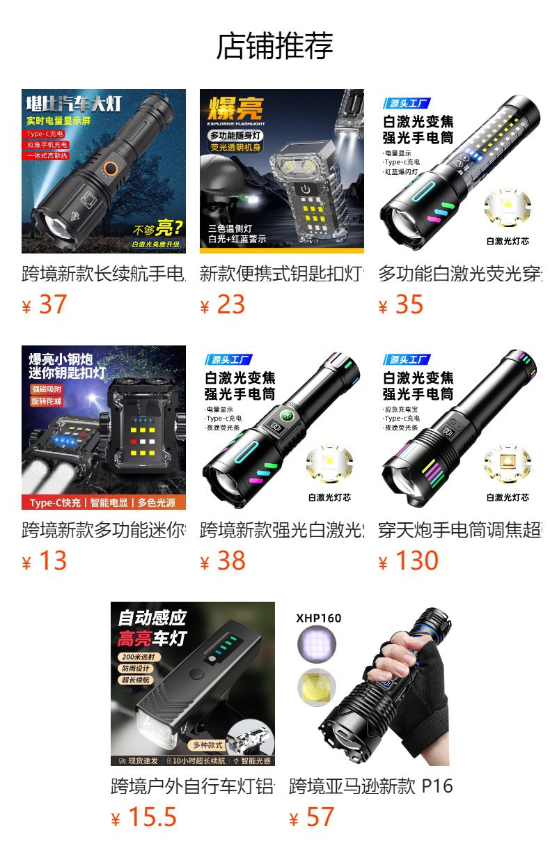 Cross-border white laser strong optical display LED long-range outdoor telescopic zoom night fishing USB charging strong light flashlight