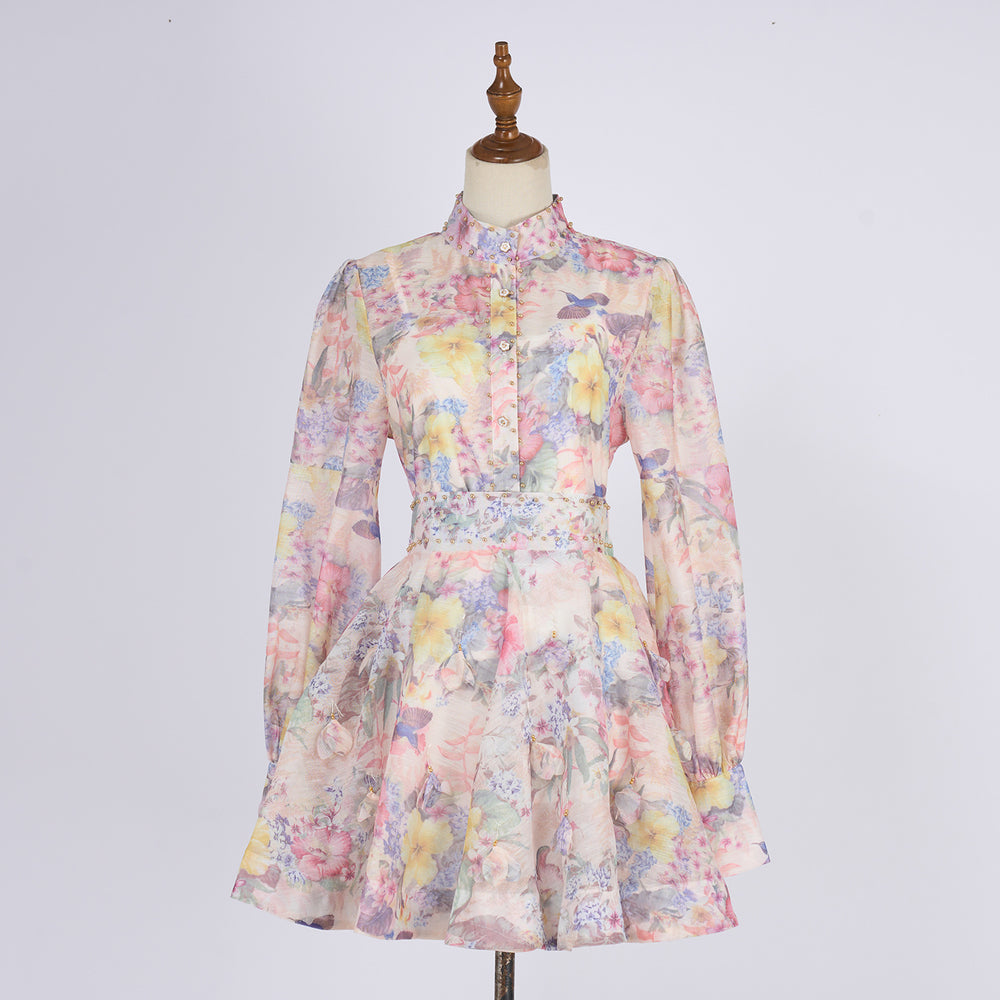 European and american style retro print beaded lantern sleeve top + a-line midi skirt two-piece set - high-end socialite look