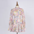 European and american style retro print beaded lantern sleeve top + a-line midi skirt two-piece set - high-end socialite look