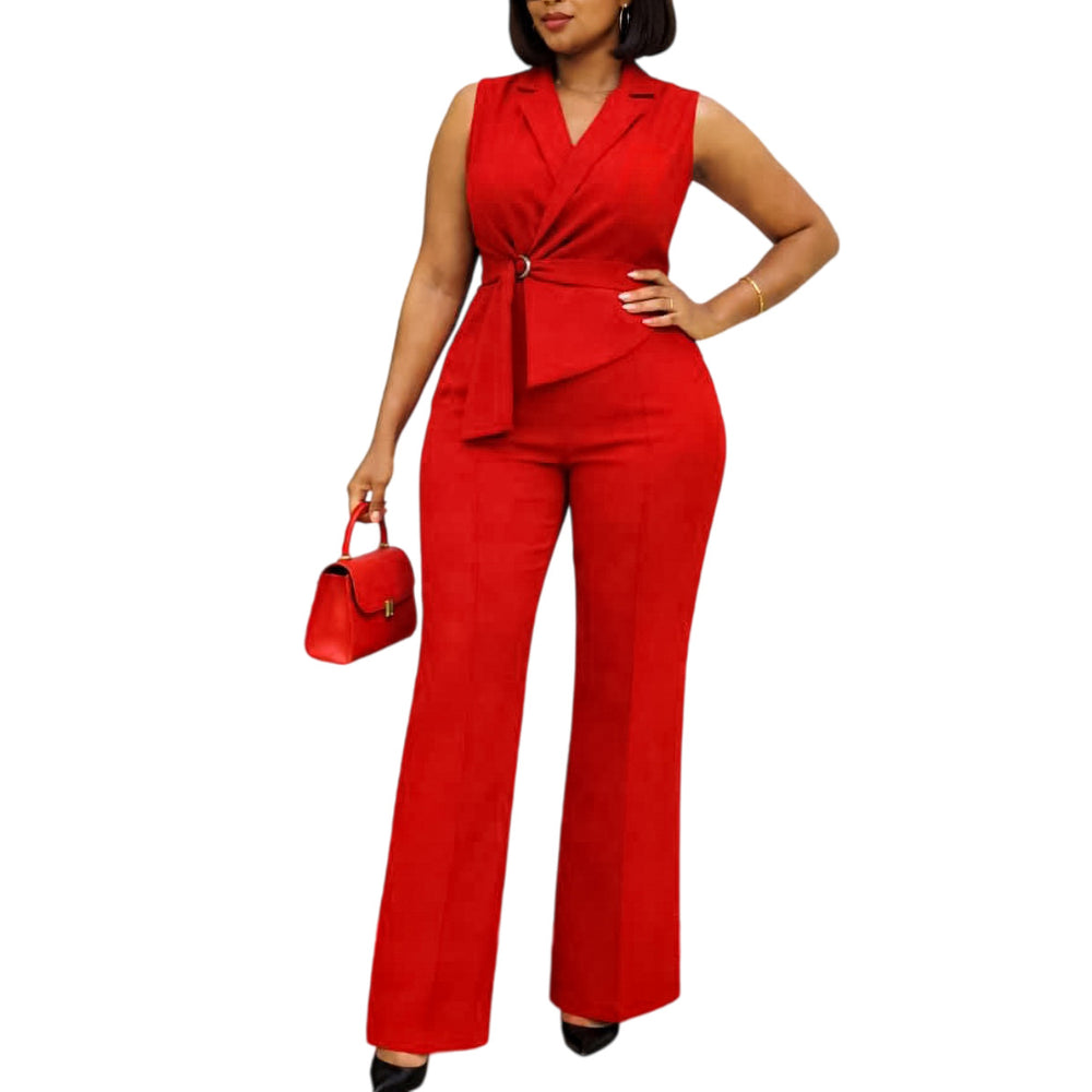 C8653 cross-border e-commerce summer fashion solid color sleeveless blazer collar tie wide leg pants african jumpsuit