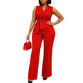 C8653 cross-border e-commerce summer fashion solid color sleeveless blazer collar tie wide leg pants african jumpsuit