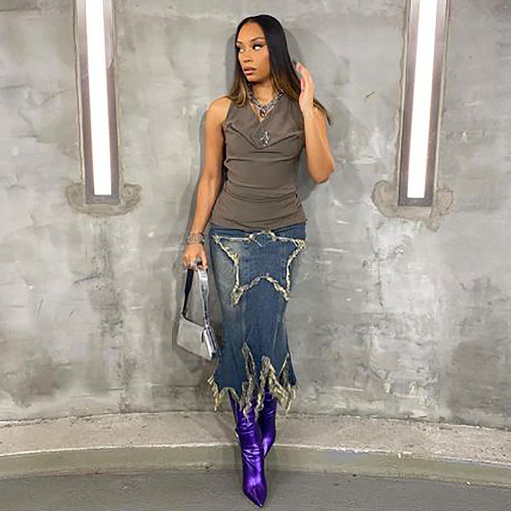 European and american cross-border women's fashion:  &  streetwear casual appliqué high-waisted tassel washed denim midi skirt