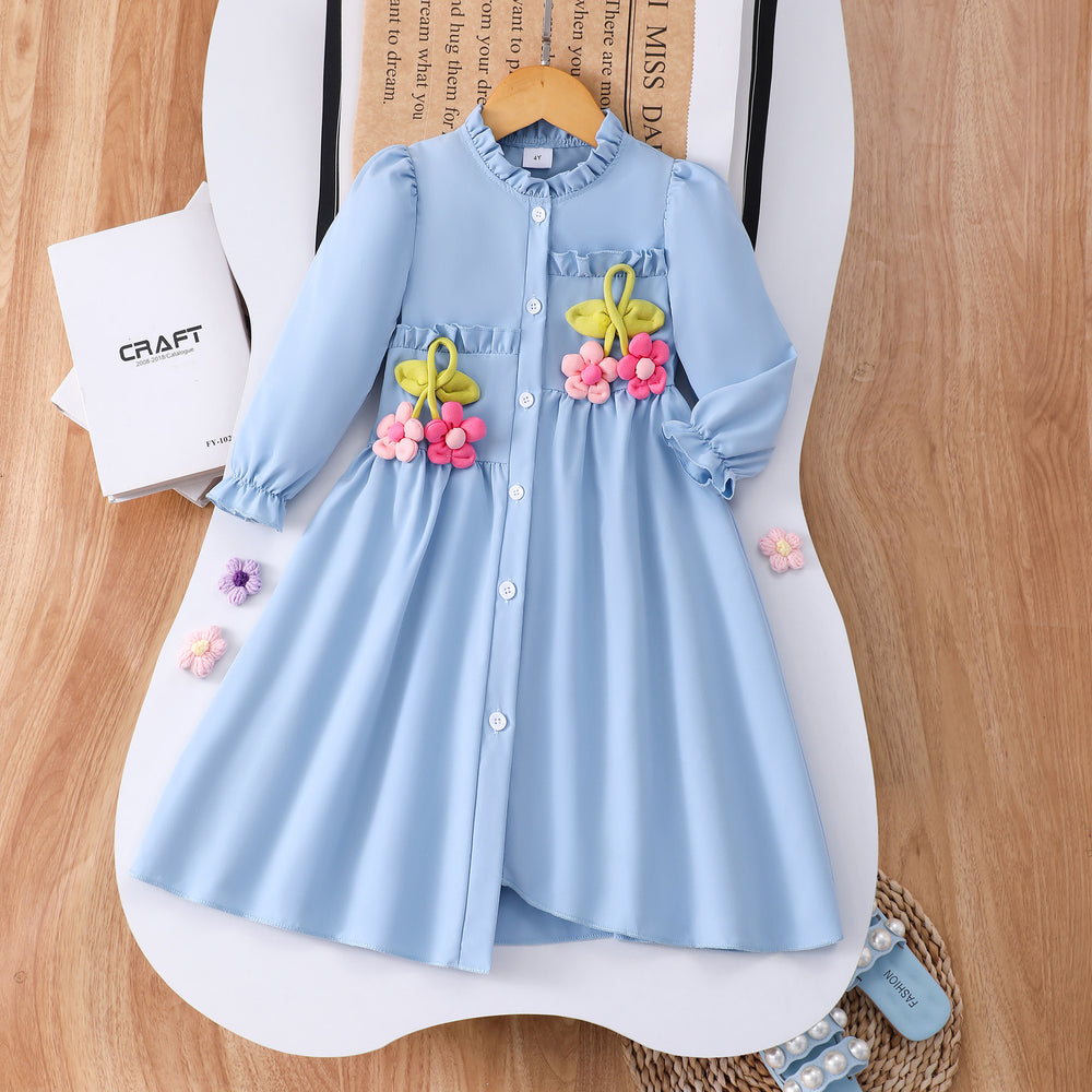 Girls' dress for toddlers and young children, solid color long-sleeve dress with 3d floral appliqués