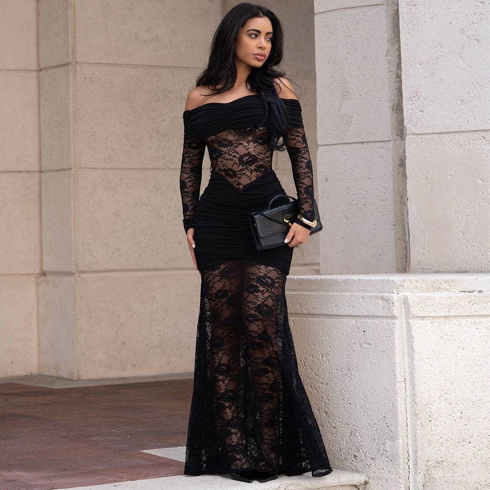 C7620 cross-border   fashion women's sexy off-the-shoulder lace bodycon dress