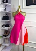 European and american cross-border women's fashion  summer new color block floral sleeveless halter neck backless tie-up mini dress