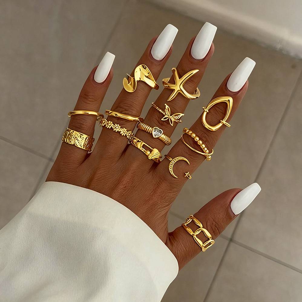 European and american style ring wholesale exaggerated butterfly 13 pieces knuckle stacking high-end heart geometric star and moon ring for women