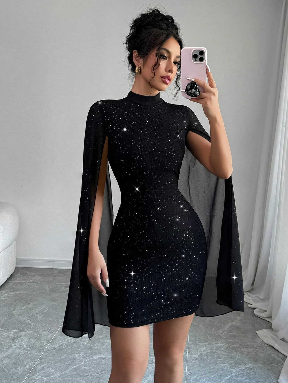 European hot girl dress - sparkling print, high neck, lantern sleeves, bodycon, sexy bodycon skirt