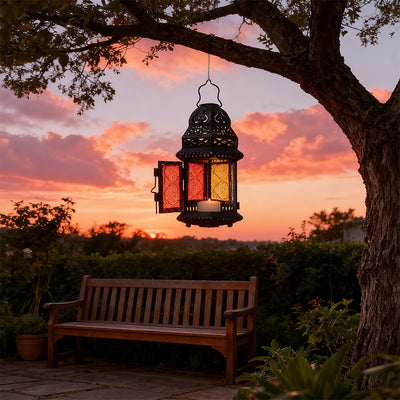 Moroccan iron candlestick, stained glass lantern, garden decor, home decor ornament, housewarming gift