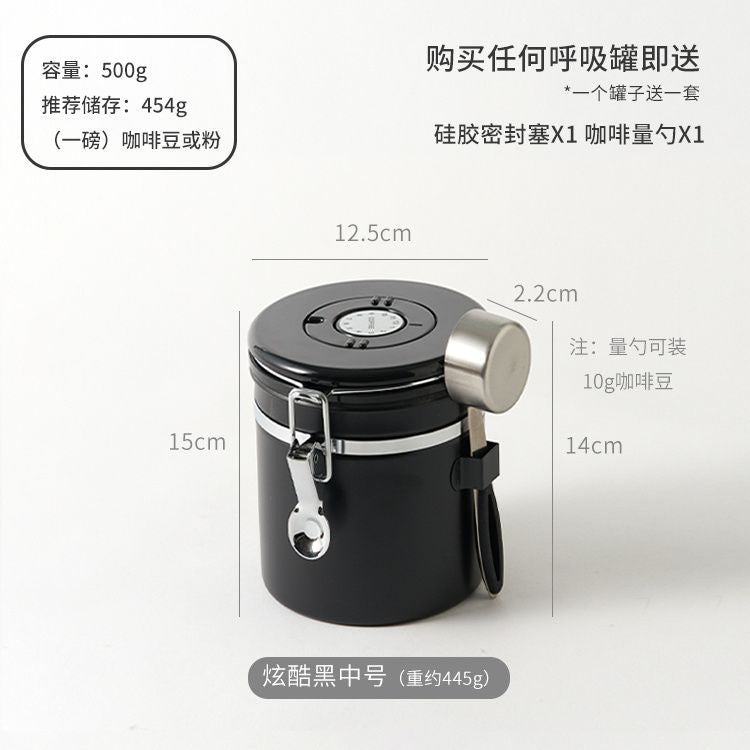 Stainless steel 304 airtight coffee bean storage canister with spoon - also suitable for tea, features one-way valve for vacuum sealing