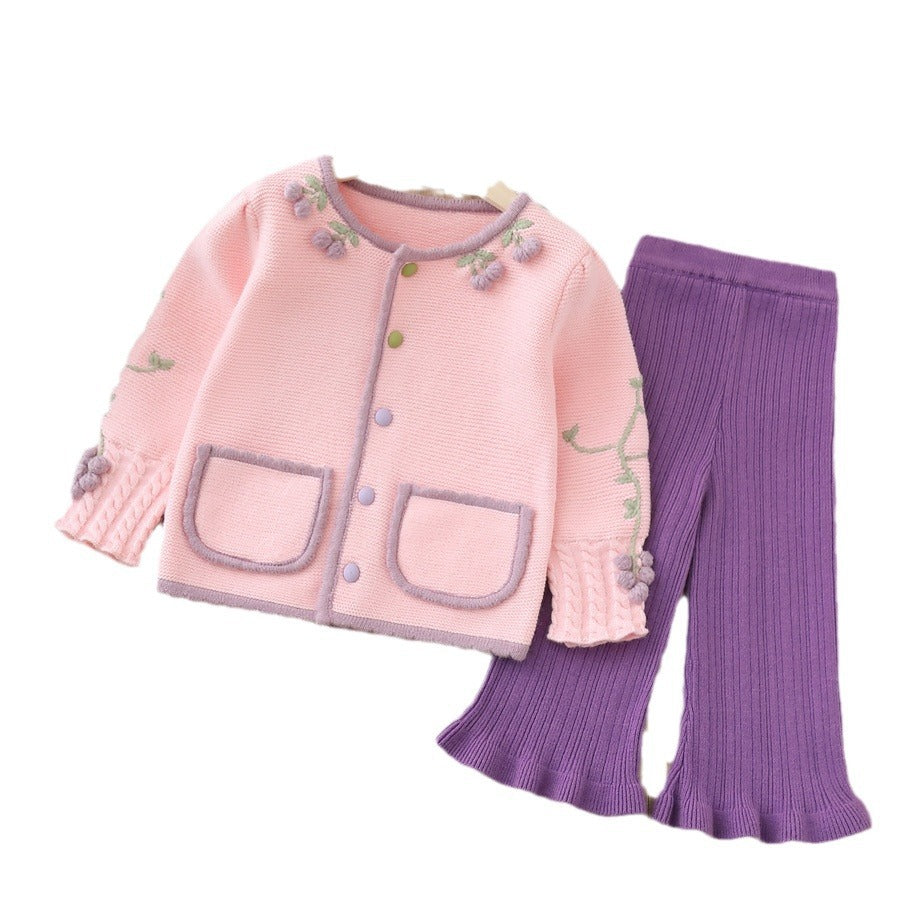 Girls' knitted sweater two-piece set -  autumn/winter new collection - handmade floral pants set for baby girls