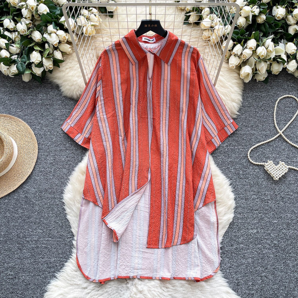 Relaxed fit shirt for women -  summer collection: effortless style, unique design, loose fit, slimming, casual, irregular striped pattern with hotfix rhinestone detailing