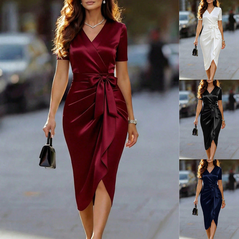 bestseller: women's v-neck midi dress shirt with bow detail - perfect for your e-commerce store