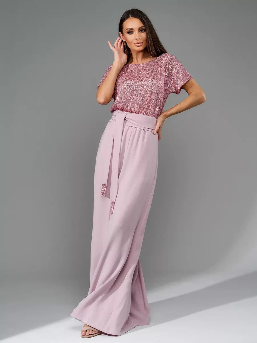 spring new arrival: cross-border  fashion - european & american style sequin bodysuit, trendy short-sleeve casual jumpsuit/pants
