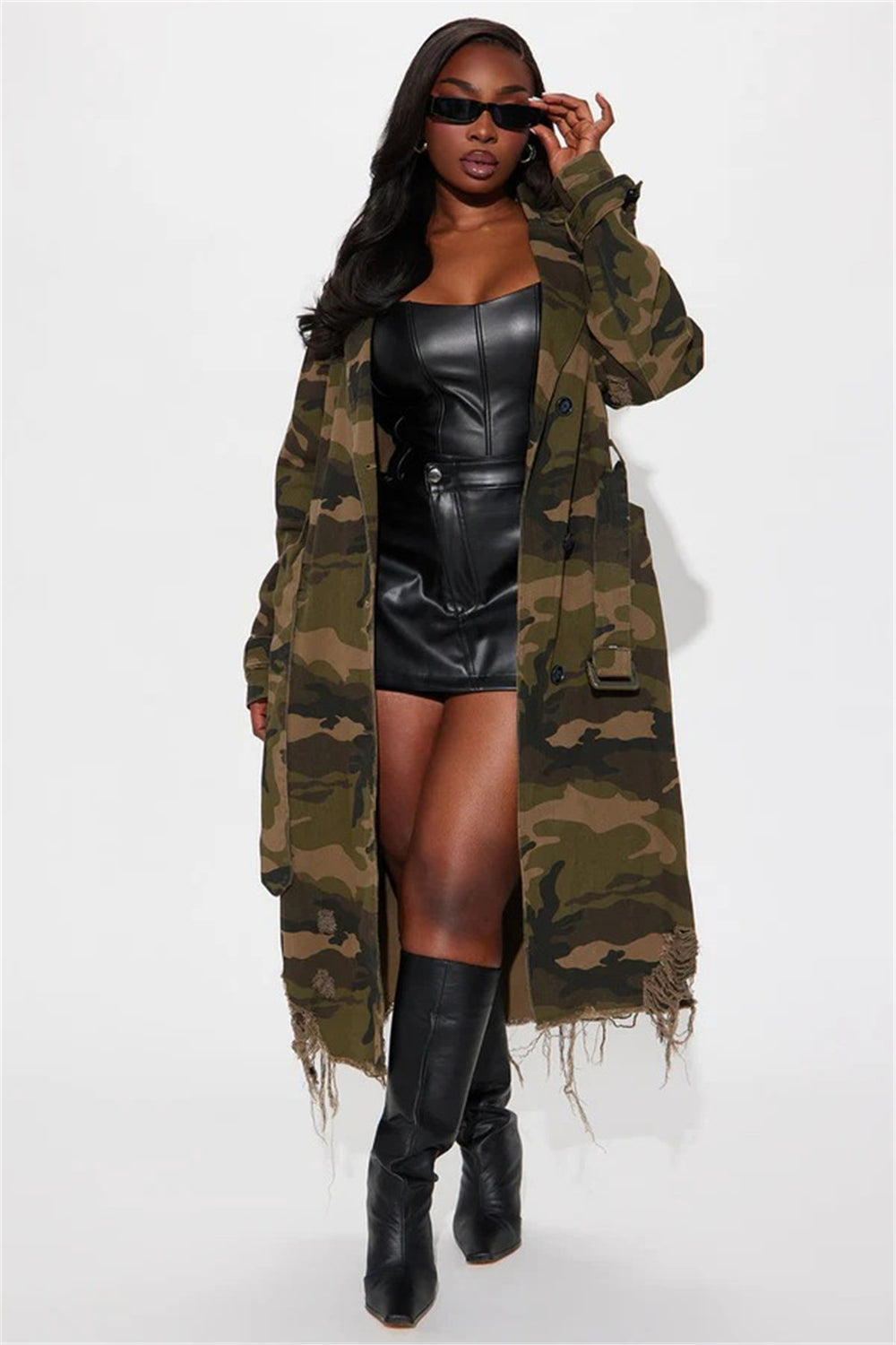 S391323 cross-border fashion independent station  european and american women's clothing ripped personalized camouflage long windbreaker outwear