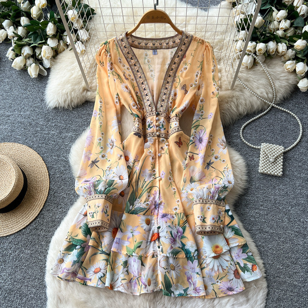 French romantic v-neck floral dress - women's spring/autumn korean style long sleeve high waist tie-waist slimming a-line dress