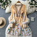 French romantic v-neck floral dress - women's spring/autumn korean style long sleeve high waist tie-waist slimming a-line dress
