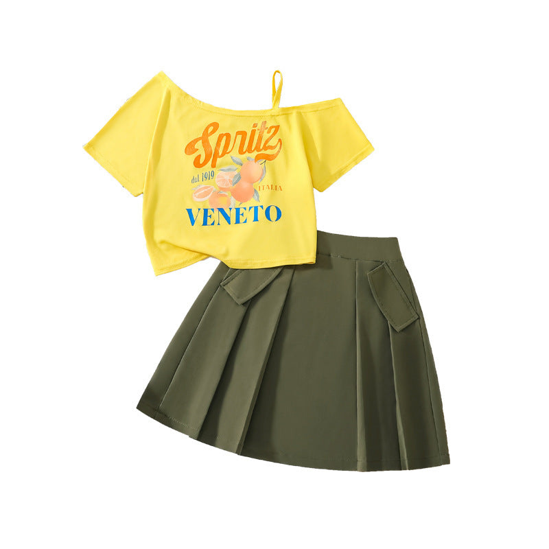 Export children's clothing 26summernew arrivalfashionprinting single-sided suspender off-shoulder short-sleeved tops skirt girlsuit
