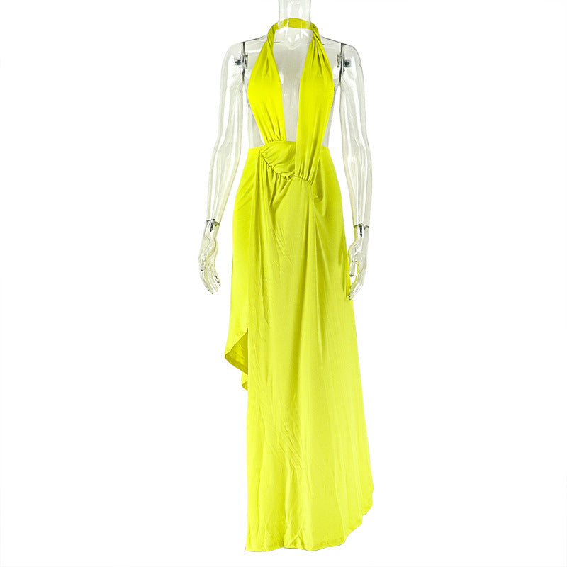 European and american style ins cross-border women's clothing pure color strap hip skirt sexy halterneck v-neck chest wrap dress trendy