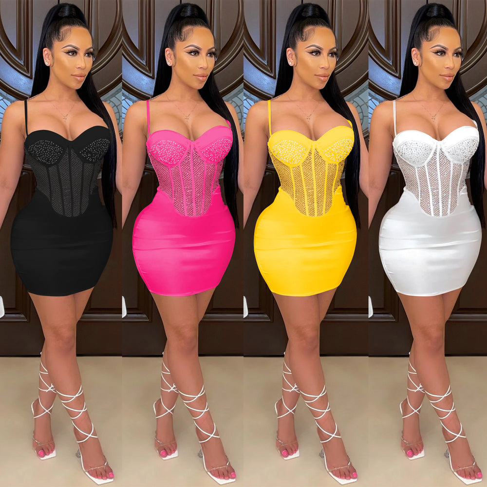 X5132 cross-border new product    sexy suspender chest wrap mesh hot diamond pure color one-piece skirt