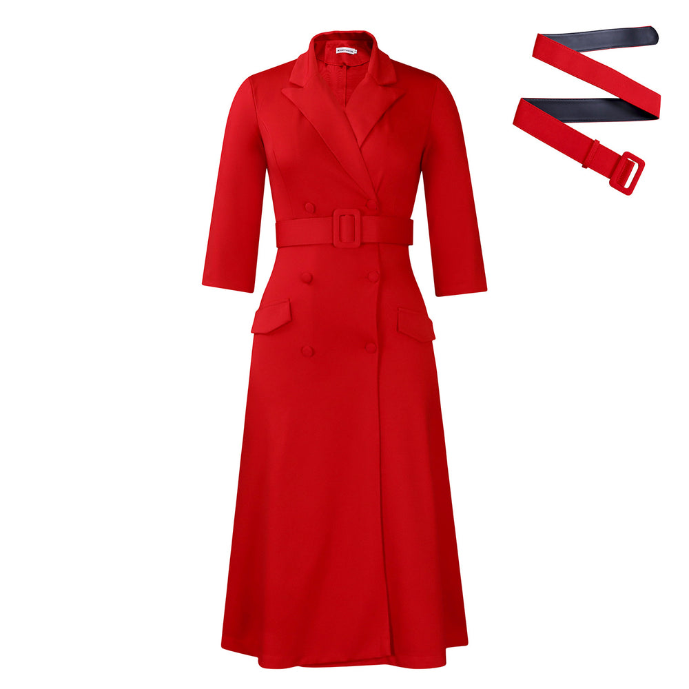 D3294export women's fashion elegant double-breasted suit collar pure colordress medium long cross-border dress