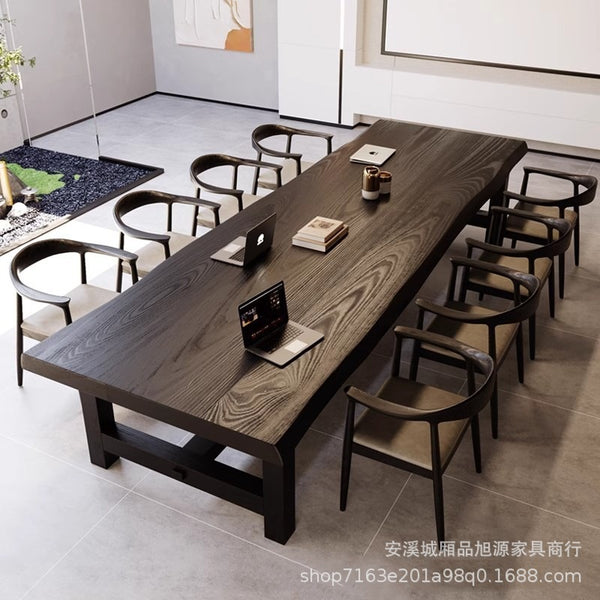Wabi Sansi Solid Wood Office Black Conference Table and Chair Combination Modern Simple Meeting Table Training Table Office