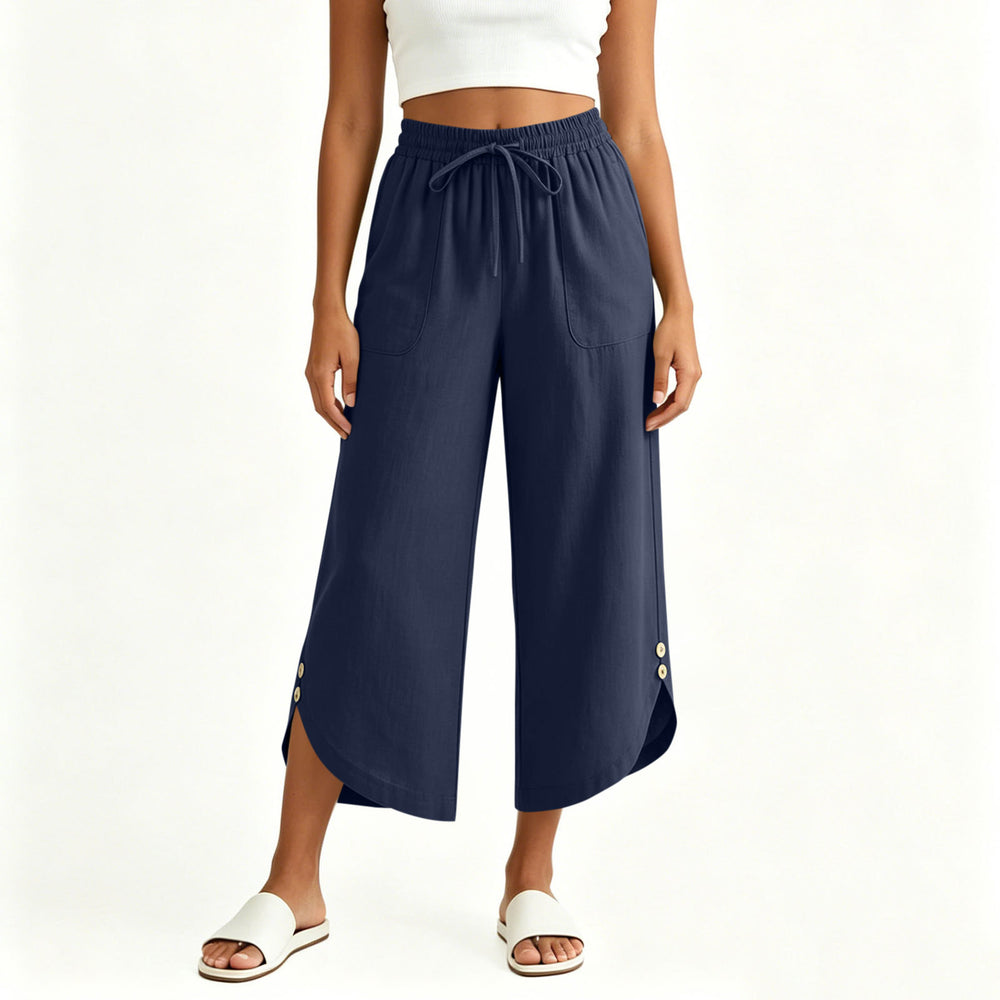 cross-border  women's summer lightweight solid color elastic waist drawstring pocket side button casual capri pants
