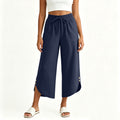cross-border  women's summer lightweight solid color elastic waist drawstring pocket side button casual capri pants