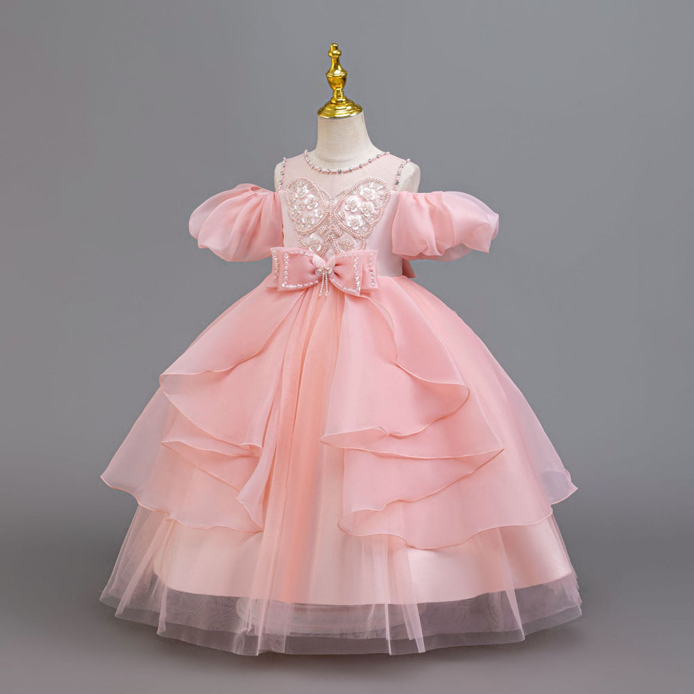 New in stock puff sleeve children's dress sequin wedding dress princess dress girls performance dress kids dress