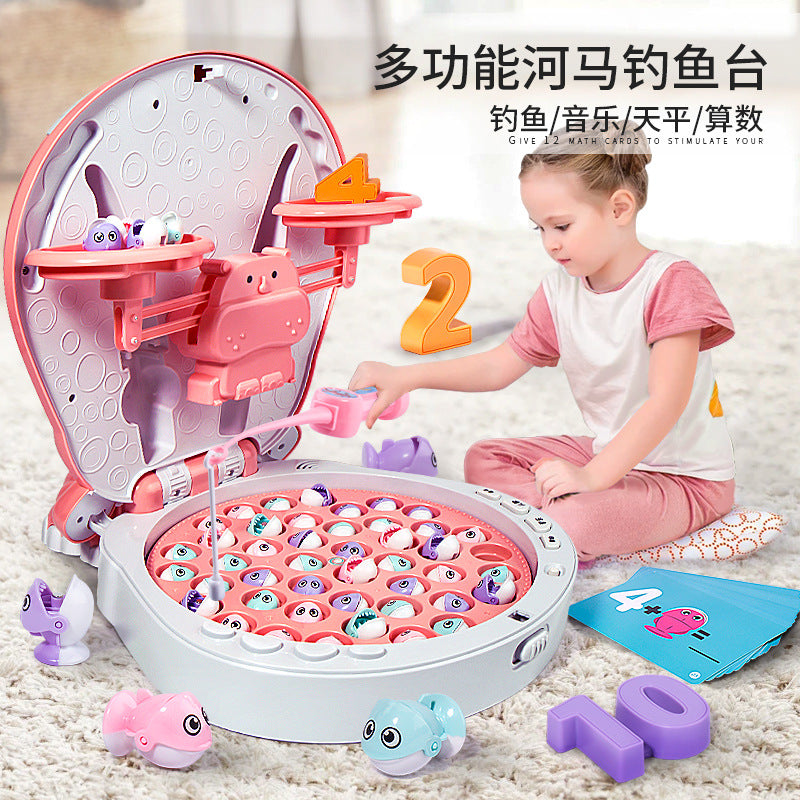 Musical hippo magnetic electric fishing game - educational balance toy for early childhood development, brain training, and math skills - perfect for boys and girls