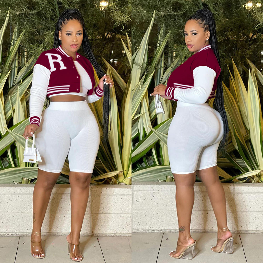 X6001 cross-border   fashion women's long-sleeved cropped jacket with lined shorts three-piece set
