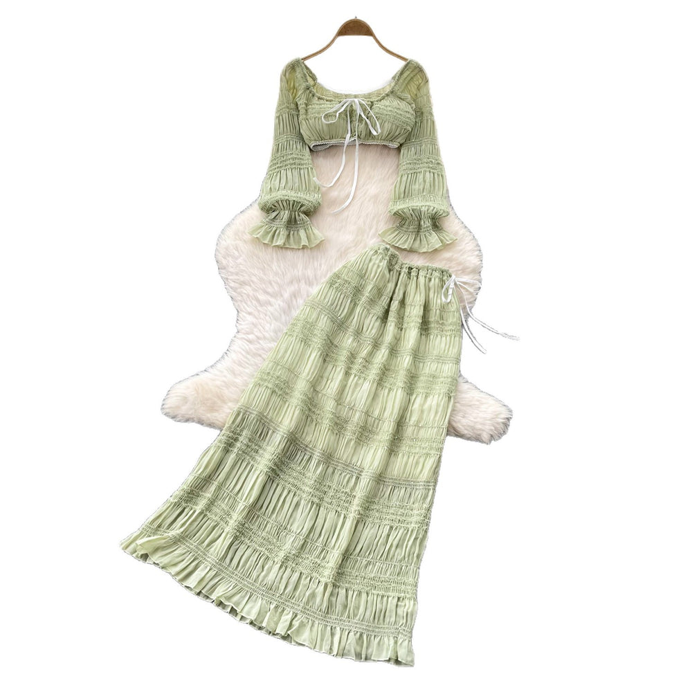 French riviera style off-the-shoulder ruched top and high-waisted tiered skirt two-piece set - women's autumn slim fit, figure-flattering, and elegant