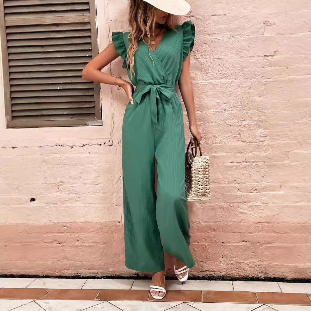Pre-sale-72265 cross-border fashionexport women's fashioneasiest for matchsilm slimming lookv neckhigh waisttie back jumpsuits