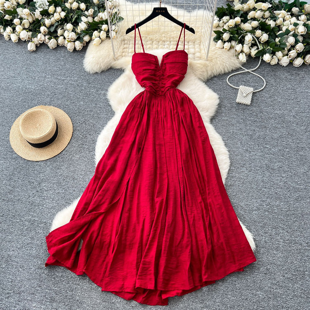 Accessible luxuryfashion suspender dress for women summer sexy backless strap pleated sense of design hot girl long skirt dress