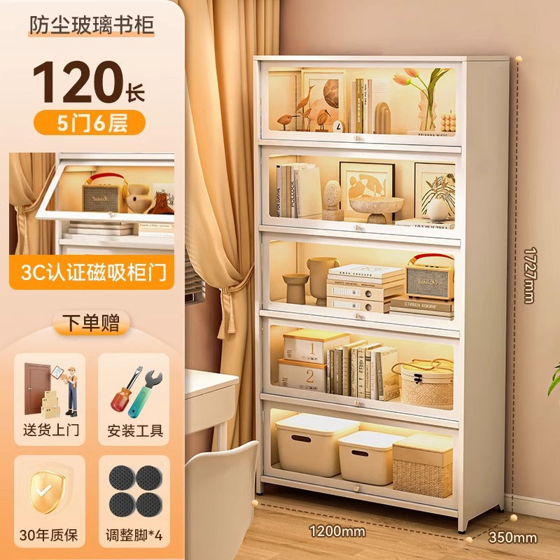 Steel bookcase with glass doors, kids' bookshelf, home living room storage cabinet, dustproof display cabinet, iron art shelf
