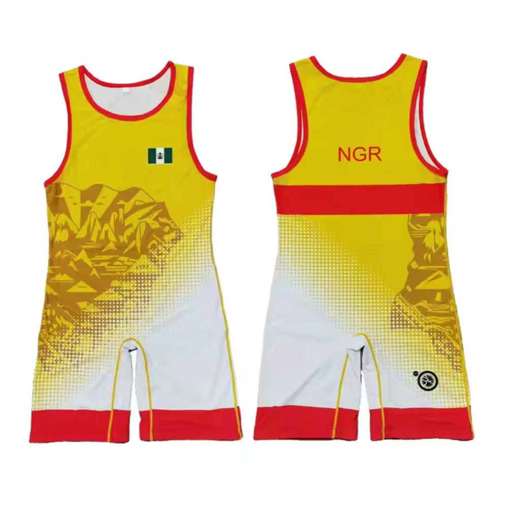 Sublimation full body print men's one-piece wrestling suit custom match weightlifting suit men's and women's free wrestling one-piece vest