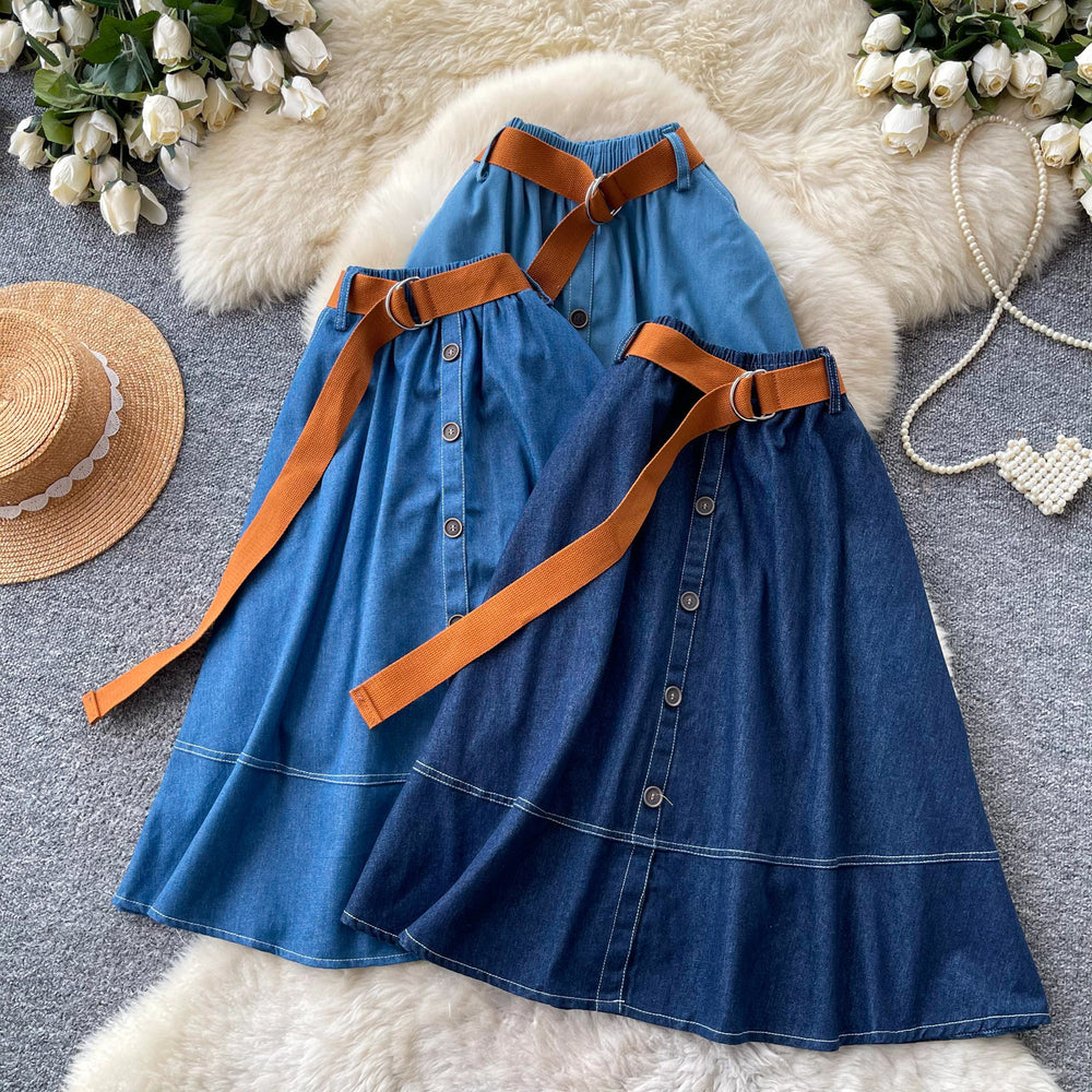 Preppy style denim skirt for women, elastic waistband, a-line midi skirt, summer work clothing, high waistslimming lookelegant skirt