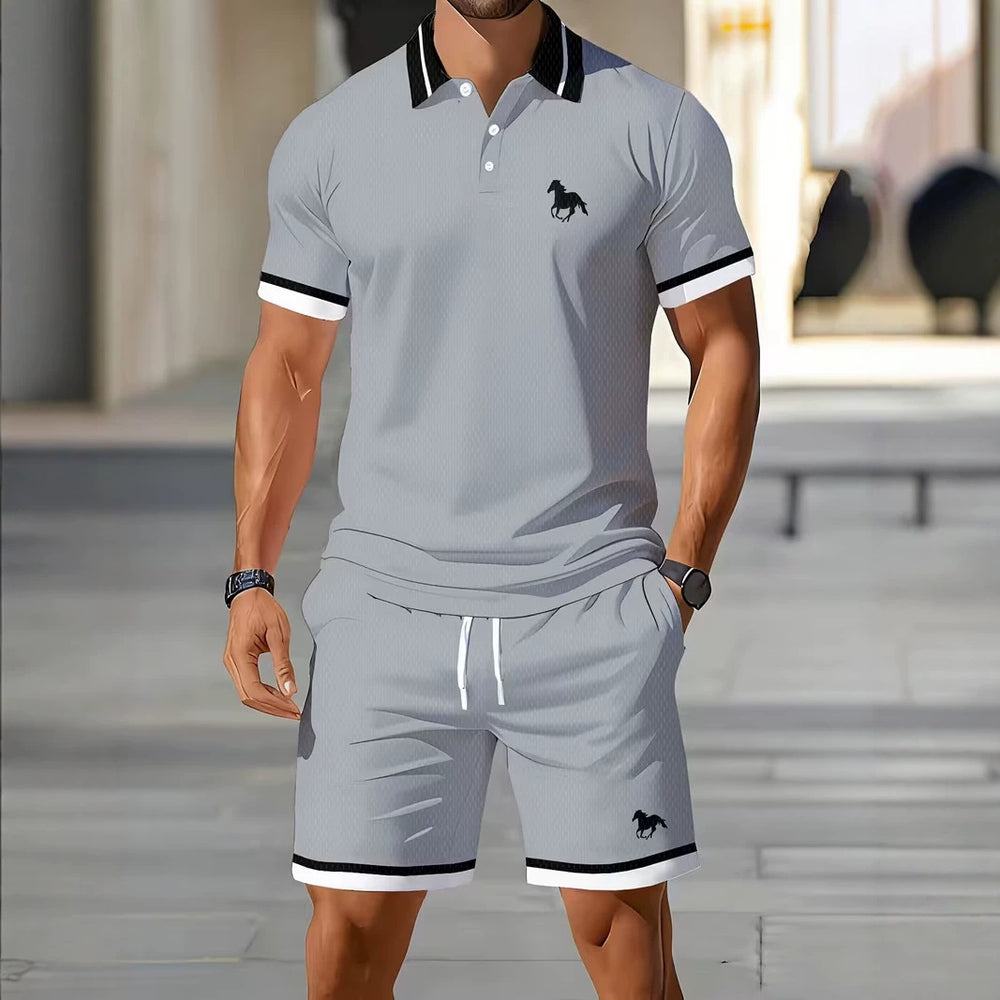 hot-selling men's polo shirt set, new summer two-piece casual short-sleeve and shorts set, dropshipping available