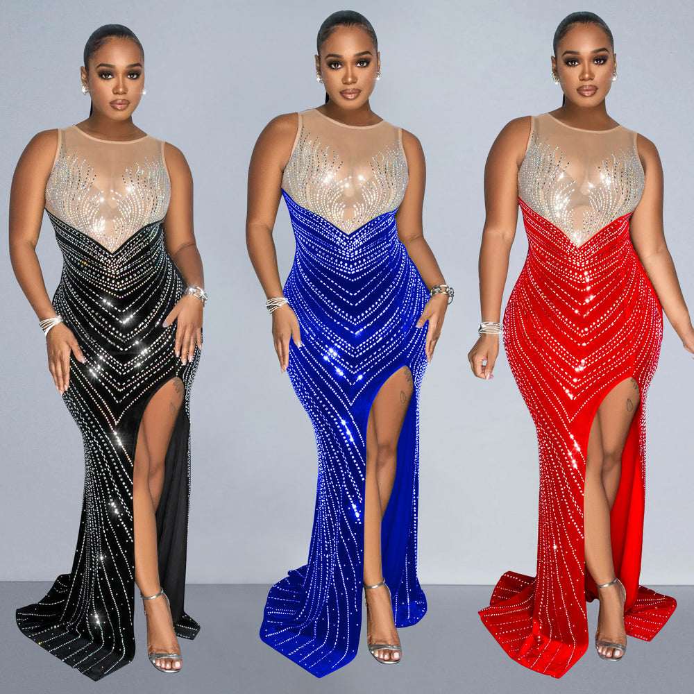C6807 cross-border   fashion women's solid color round neck sleeveless rhinestone embellished maxi dress