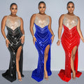 C6807 cross-border   fashion women's solid color round neck sleeveless rhinestone embellished maxi dress
