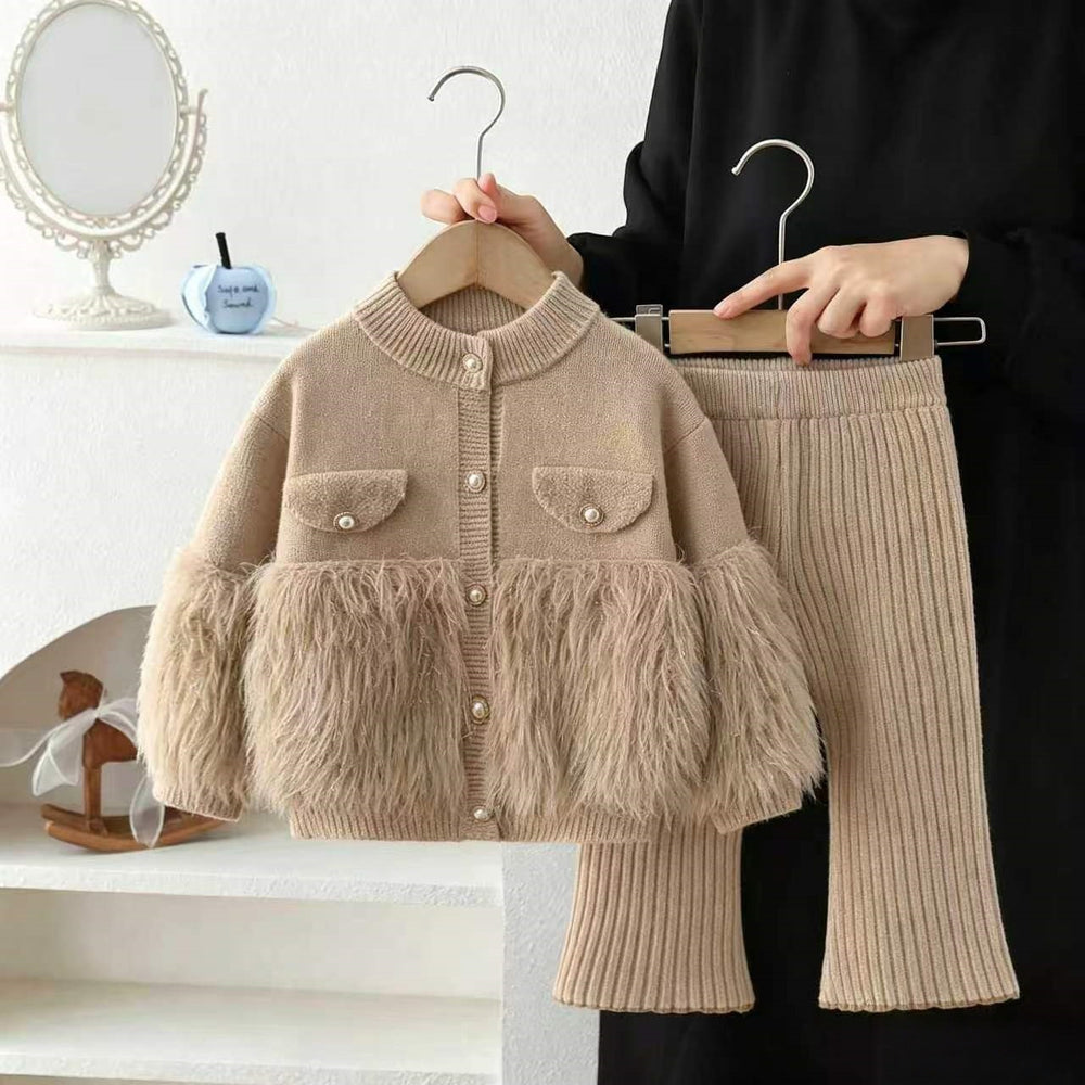 Girls' fuzzy solid color cardigan knit set - new  korean style kids' sweater two-piece outfit for autumn and winter