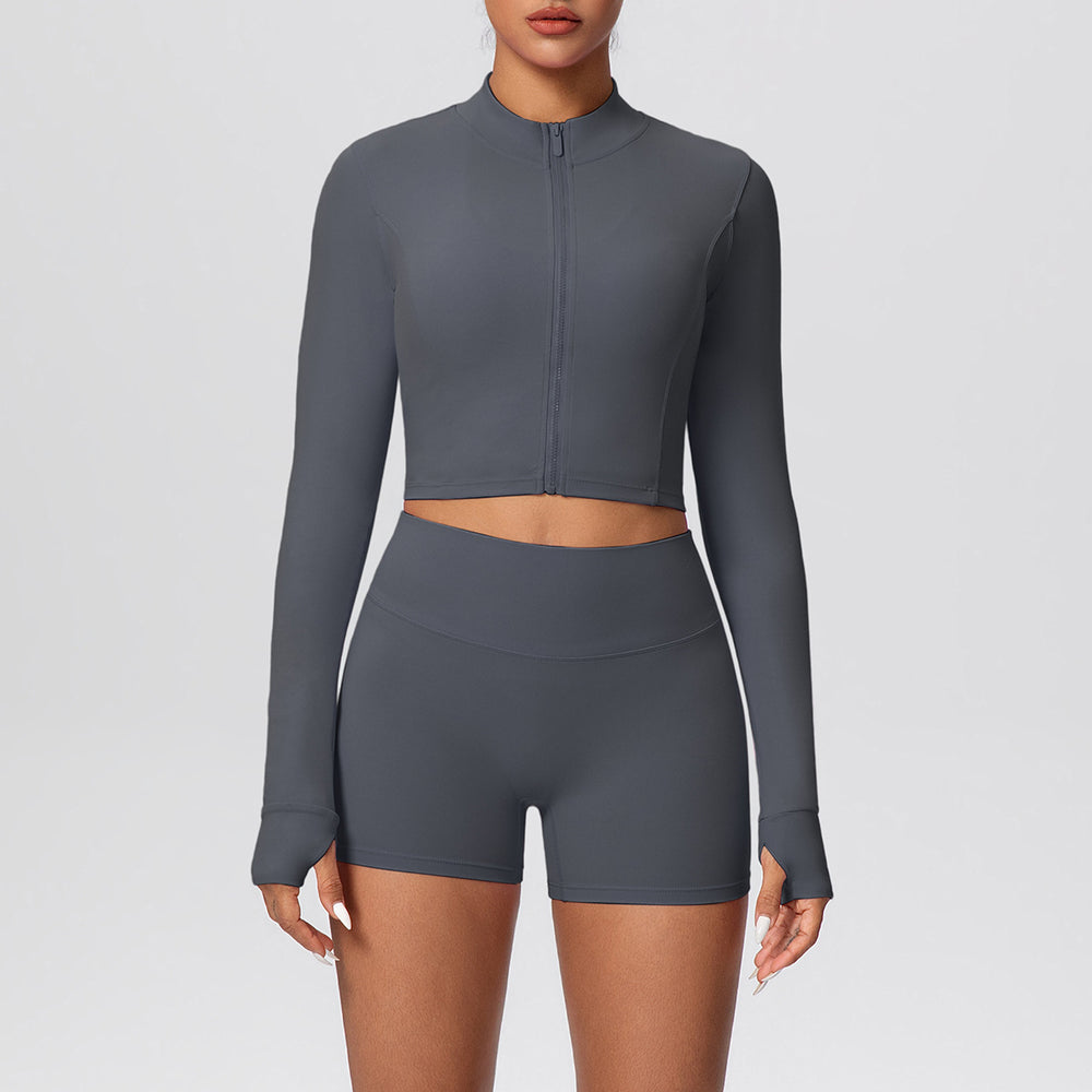 High-waisted, butt-lifting, form-fitting athletic shorts with a zip-up outer layer – a barely-there, casual running and fitness outfit set, perfect for yoga