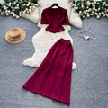 Luxury chic wine red puff sleeve top and high-waisted maxi skirt two-piece set - women's summer commute outfit, slim fit and figure-flattering