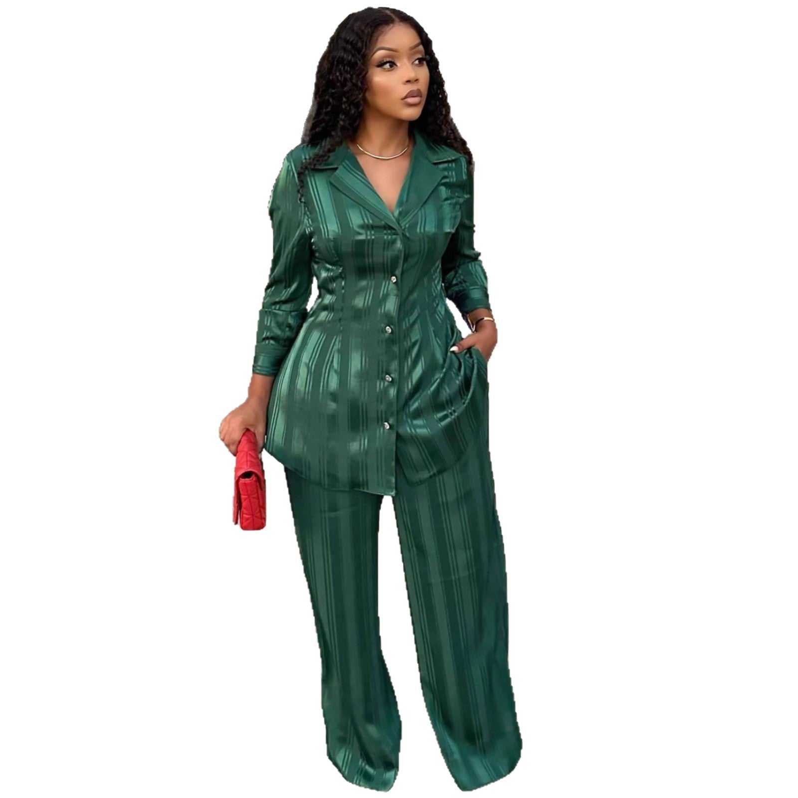 European and American large-size women's clothing long-sleeved suit collar cardigan shirt top wide-leg trousers African fashion foreign style two-piece set