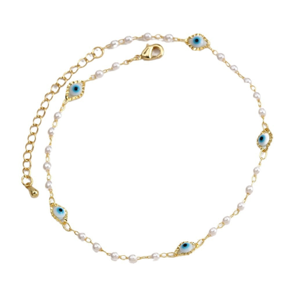 European and american cross-border new jewelry enamel eye pearl anklet - irregular fashion minimalist devil's eye anklet for women