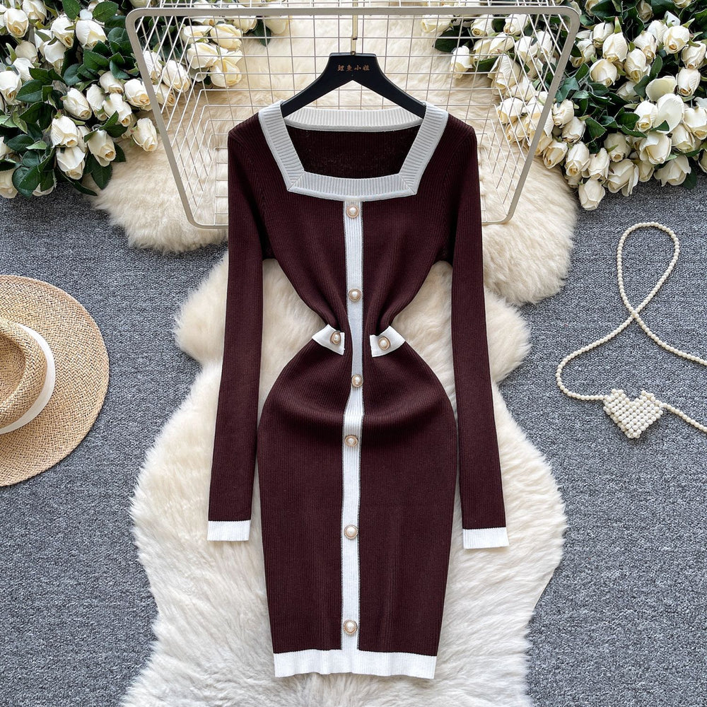 Frenchclassy small fragrant fashionablecontrast color square collar pearl button silmdress women's waist bag hip knitting skirt