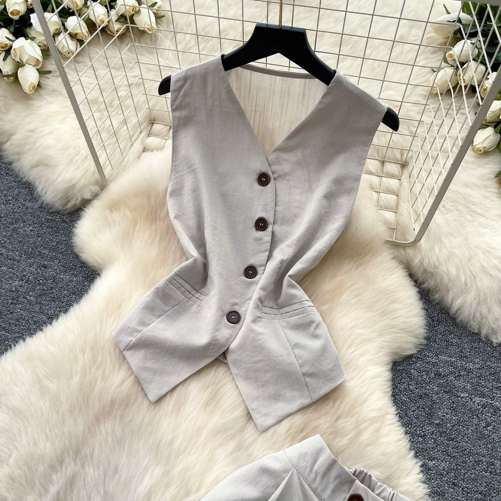 Korean style commute outfit sleeveless v-neck vest two-piece set women's summer high-waisted slimming fashion suit