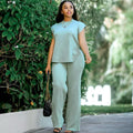 European and american cross-border women's fashion  autumn new arrival: elegant solid color mock neck short sleeve t-shirt and wide leg pants set