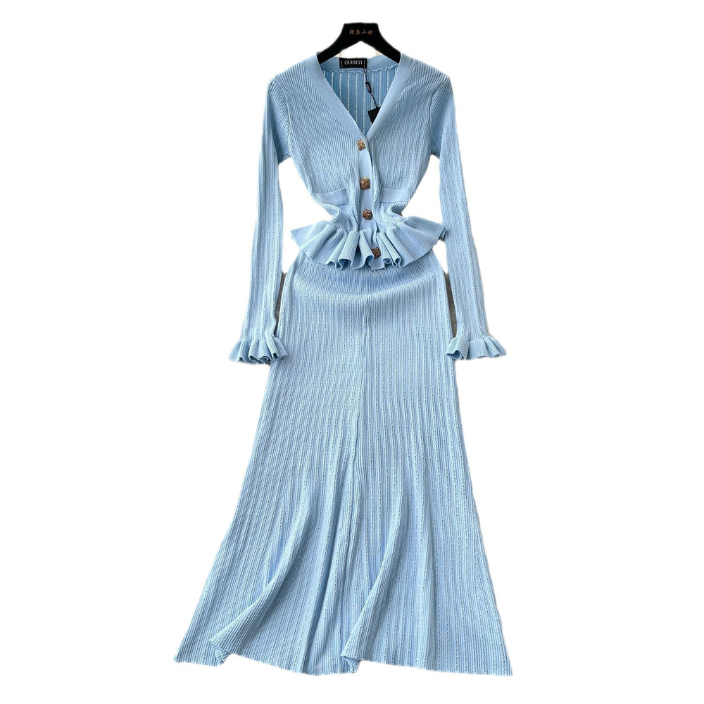 Luxury chic women's dress - autumn  collection: slim-fit knit maxi dress with metallic buckle detail, inspired by chanel