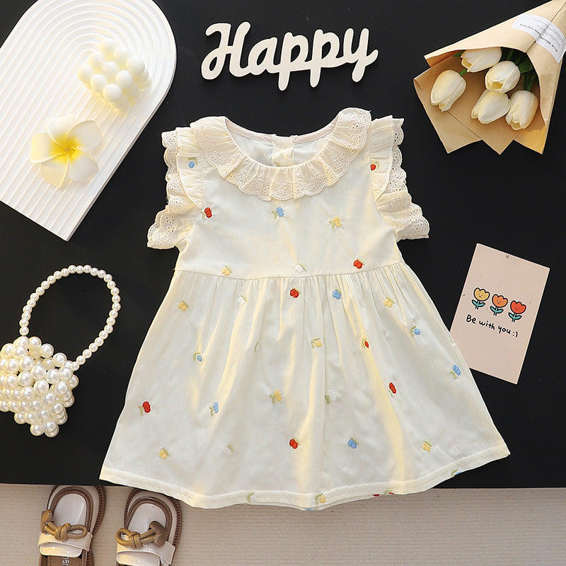 Girls' lace-neck tank dress - summer baby embroidered floral dress - girls' round neck princess dress - summer outfit - little fly